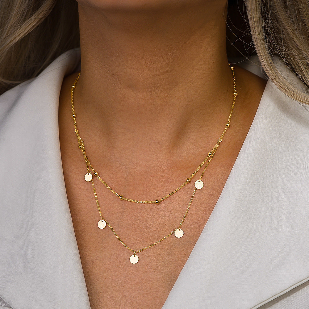 Stainless Steel Double Layer Disc Bead Necklace, Gold Plated Dangling Circle Coin Choker, Dainty Layered Round Pendant Necklace for Women