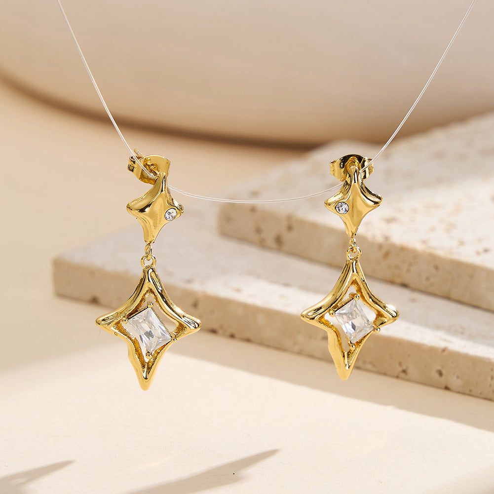Gold Plated Stainless Steel Hollow Star Shape CZ Drop Stud Earrings