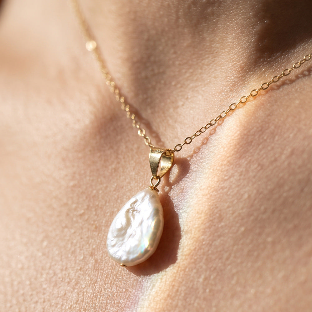 Teardrop Baroque Freshwater Pearl Pendant Necklace, Organic Shape Natural Glossy Pearl Silver Chain
