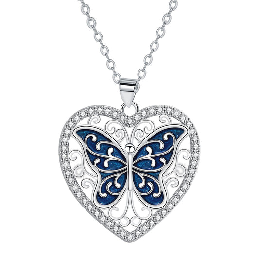 Copper With Silver Plated Heart Butterfly Pendant Necklace
