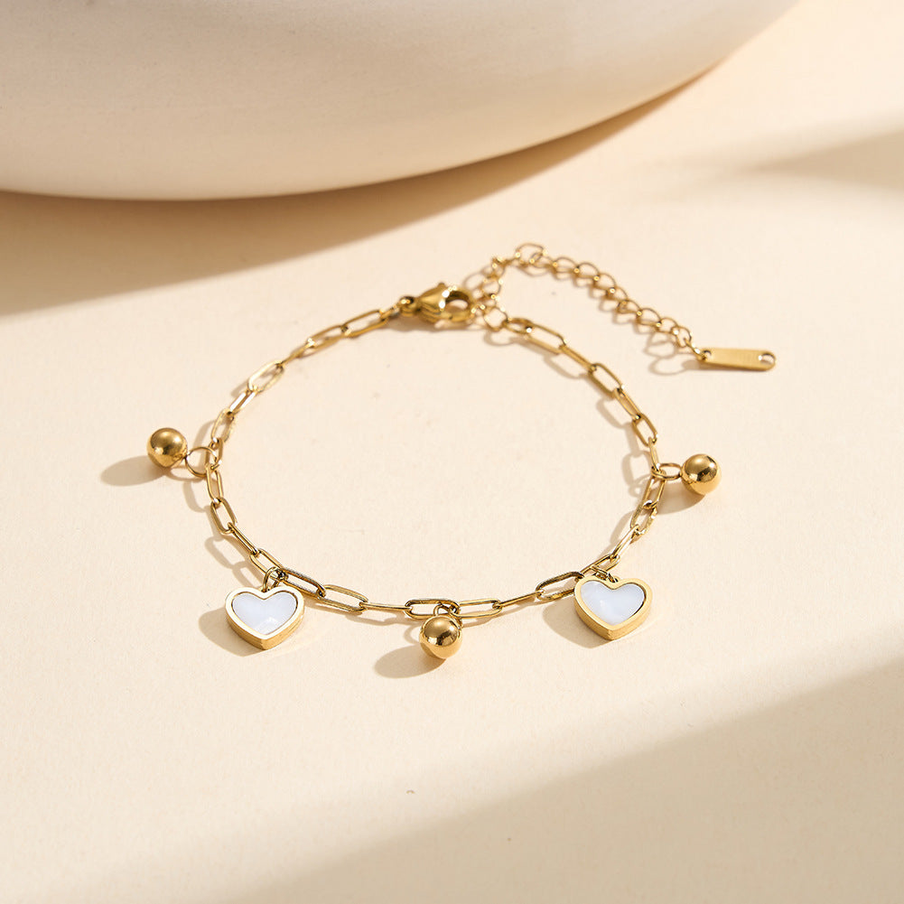 Gold Plated Stainless Steel Paperclip Chain Heart Bracelet, 2 White Mother of Pearl Heart Charms & Shiny Round Metal Beads