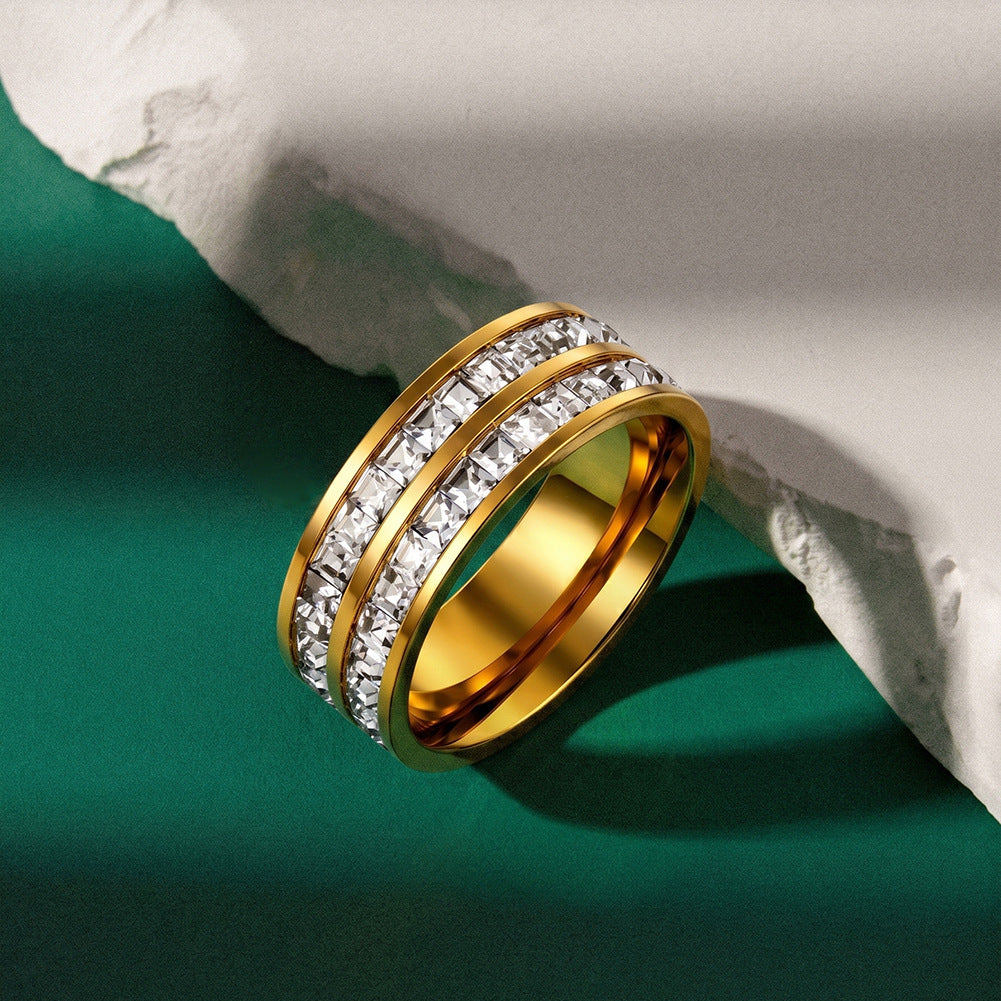 Gold Plated Stainless Steel Wide Band Ring, Double Row Baguette Cut CZ Stones
