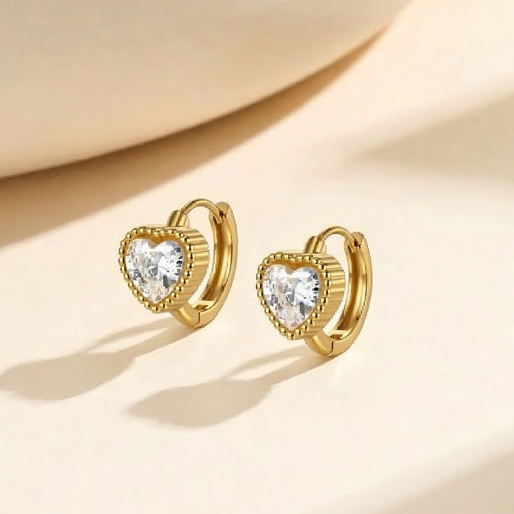 Gold Plated Stainless Steel Heart CZ Huggie Earrings with Beaded Milgrain Border