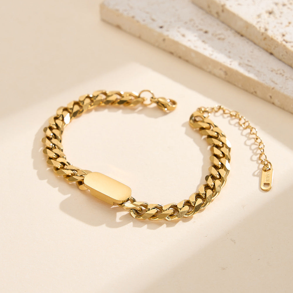Gold Plated Stainless Steel Chunky Curb Chain Bracelet, Blank Rectangular Engravable Tag, Adjustable Extension