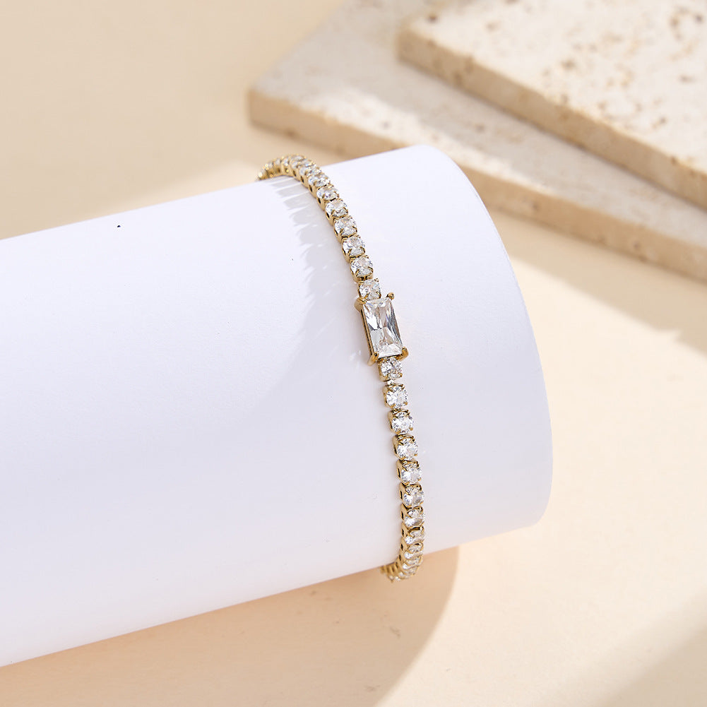 Gold Plated Stainless Steel Rectangle CZ Tennis Bracelet, Baguette Cut Cubic Zirconia Center Stone, Adjustable Extension