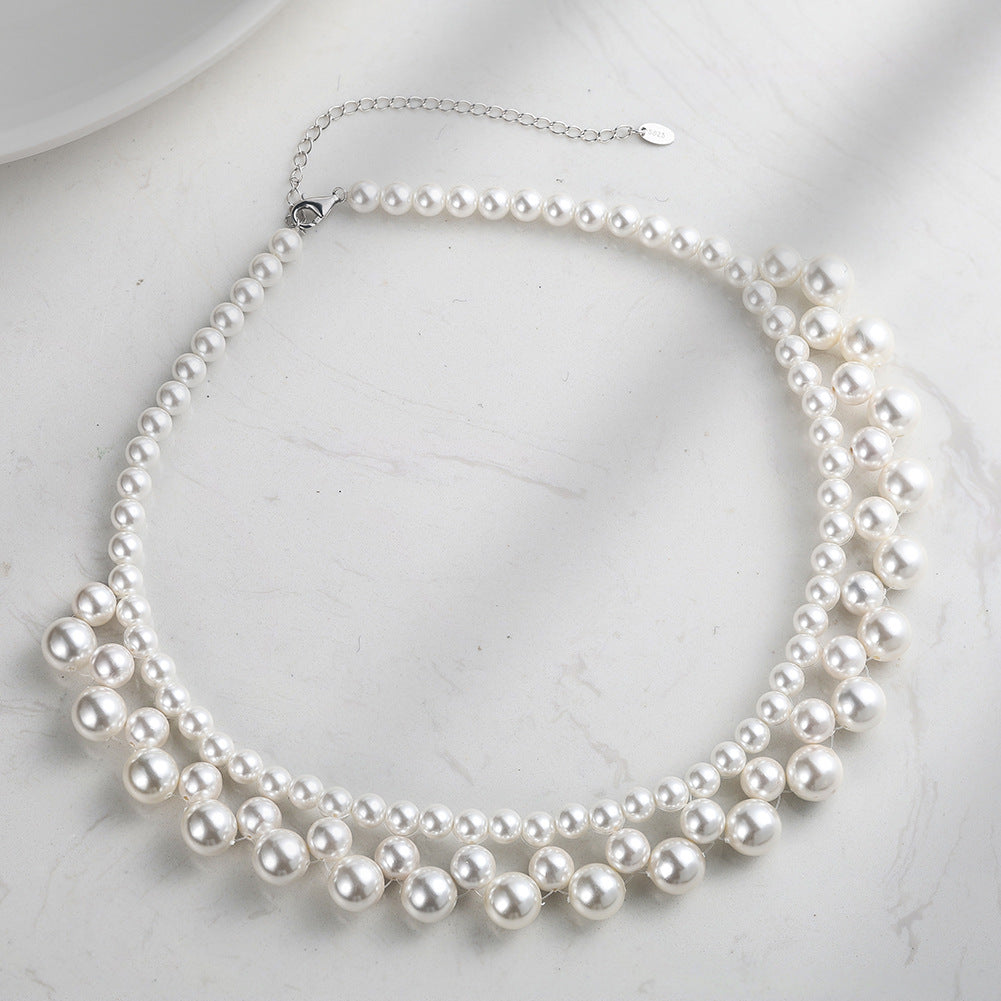 Stainless Steel Multi-Size White Pearl Cluster Choker, Layered Waterfall Pearl Collar Necklace