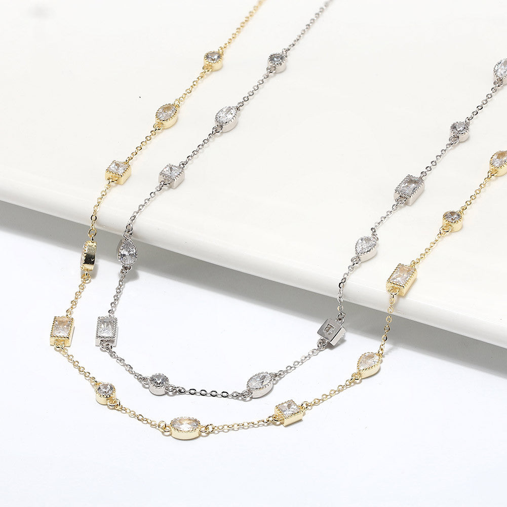 Gold Stainless Steel Multi Shape CZ Station Necklace, Oval Square Pear Round Mixed Cut Clear Zirconia Thin Chain