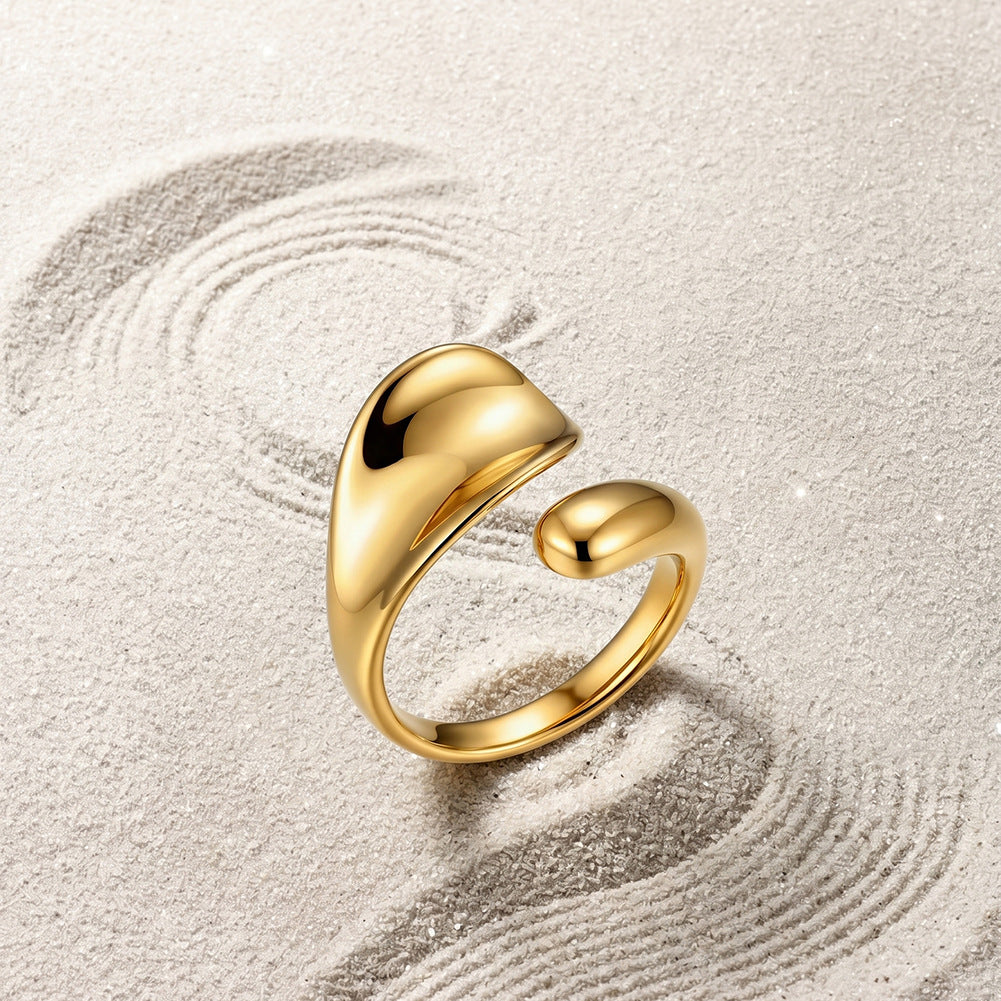Gold Plated Stainless Steel Asymmetrical Open Cuff Ring, Smooth Curved Sculpted Surface