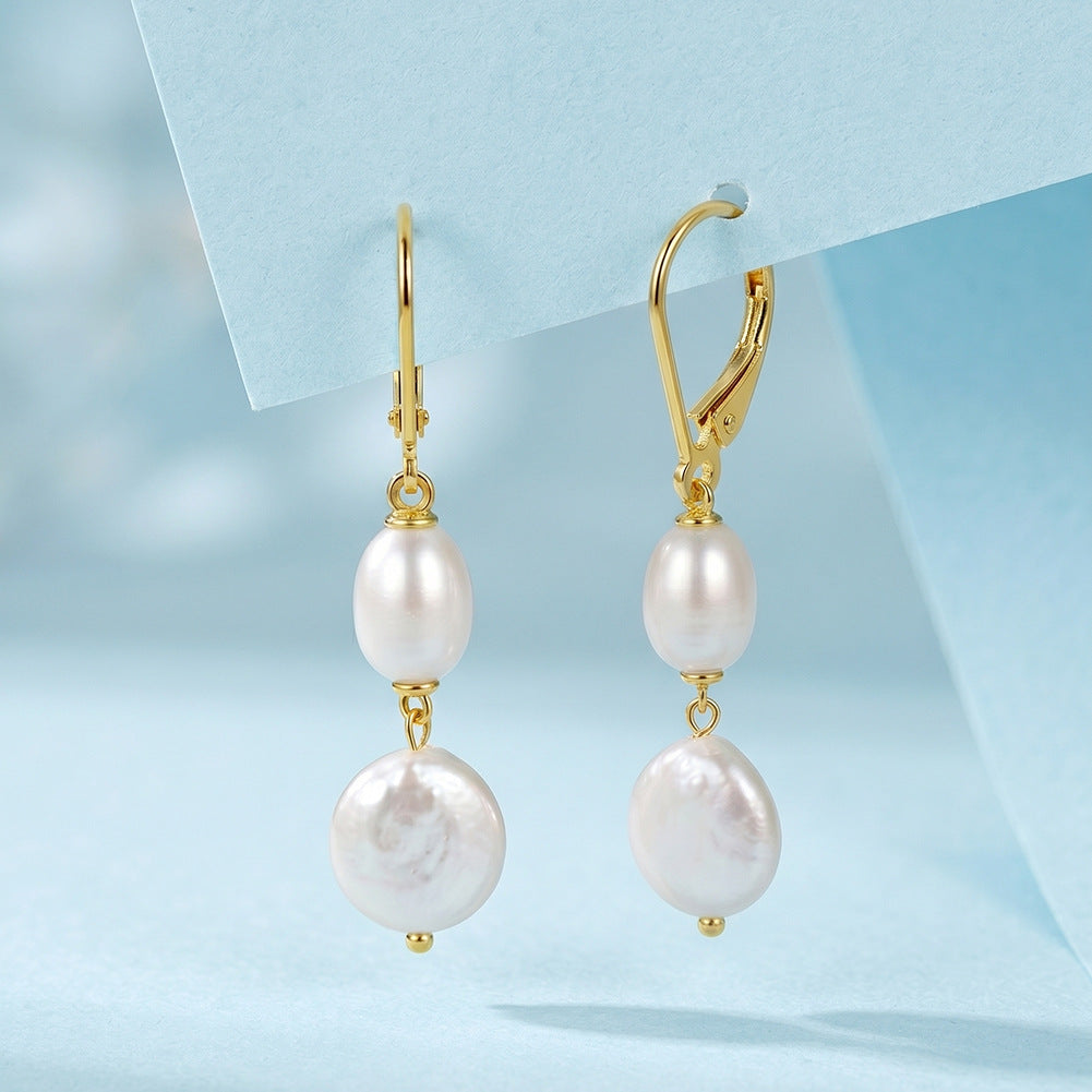 S925 Sterling Silver Leverback Pearl Drop Earrings, Oval Rice Pearl and Coin Baroque Freshwater Pearl Two-Tier Dangle Earrings