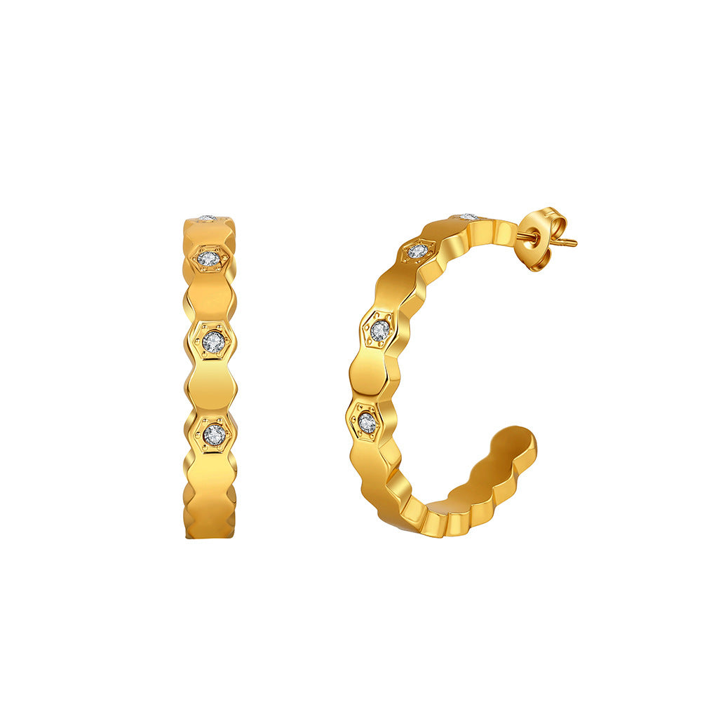 Gold Plated Stainless Steel Wavy Hexagon C Hoop Earrings Inlaid with Round CZ Stones