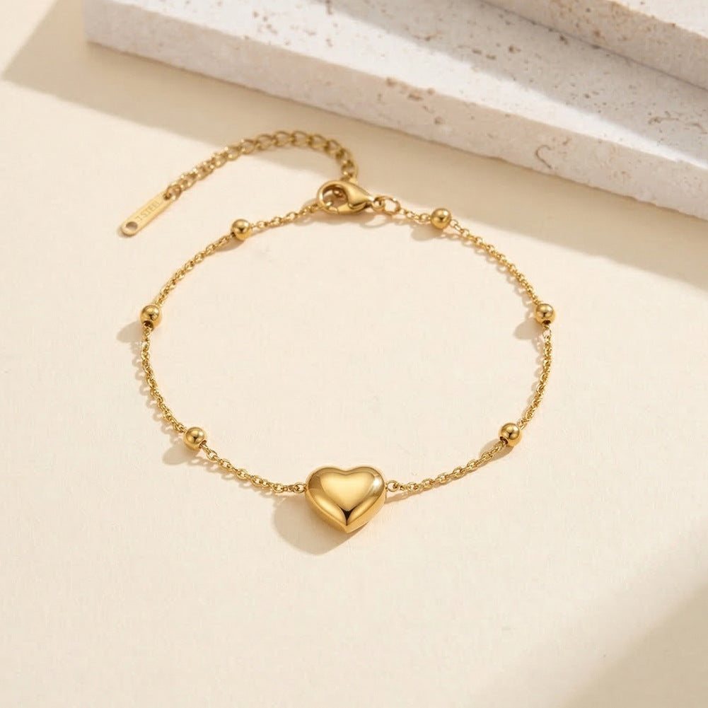 Silver Stainless Steel Puffy Heart Bracelet, 3D Heart Charm with Spherical Beads, Adjustable Extension Chain