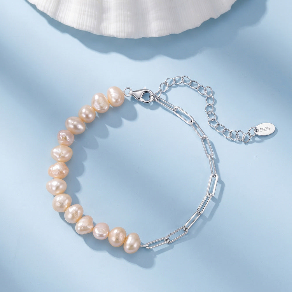 S925 Gold Plated Half Baroque Pearl Half Paperclip Chain Bracelet, Cream Natural Baroque Freshwater Pearls, Adjustable Extension Chain