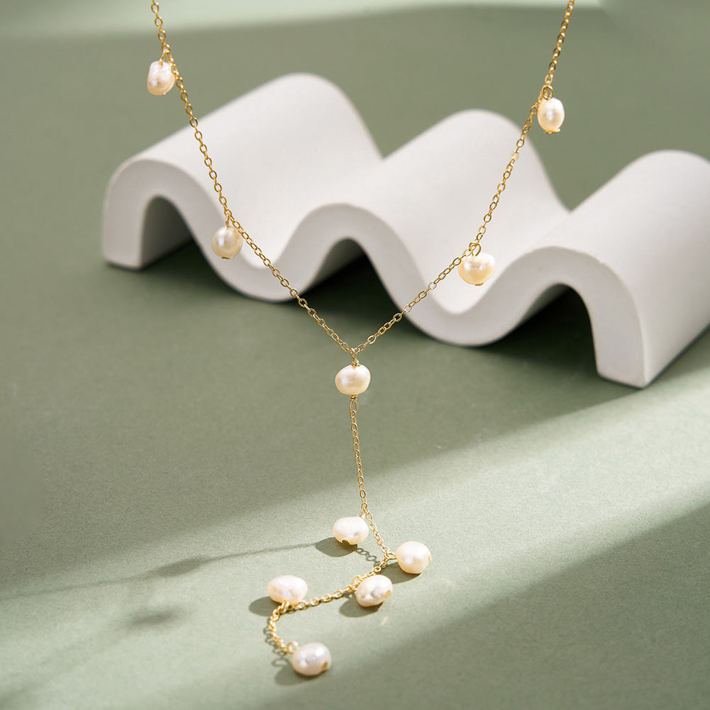 Silver Stainless Steel Multi Baroque Pearl Y Drop Necklace, Dangling Irregular Pearl Lariat Necklace