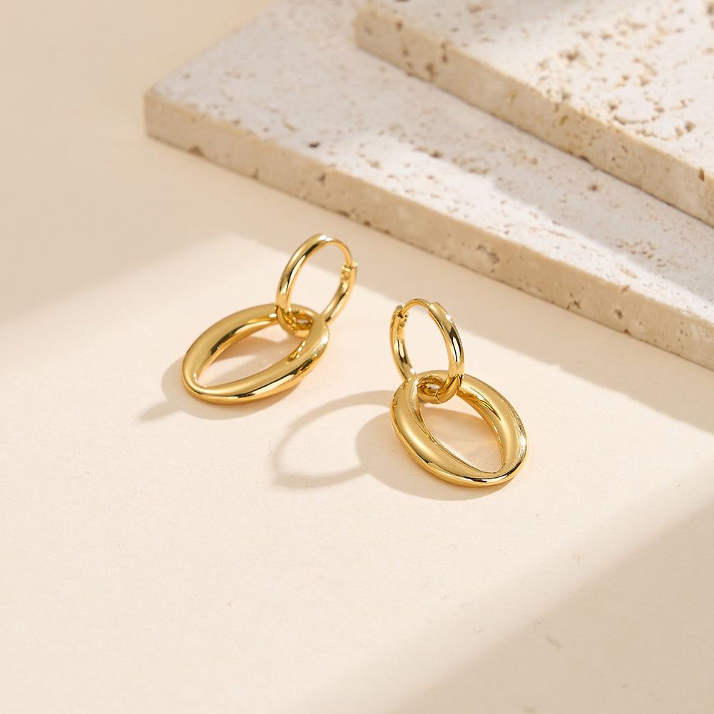Silver Stainless Steel Double Interlocking Oval Hoop Drop Earrings