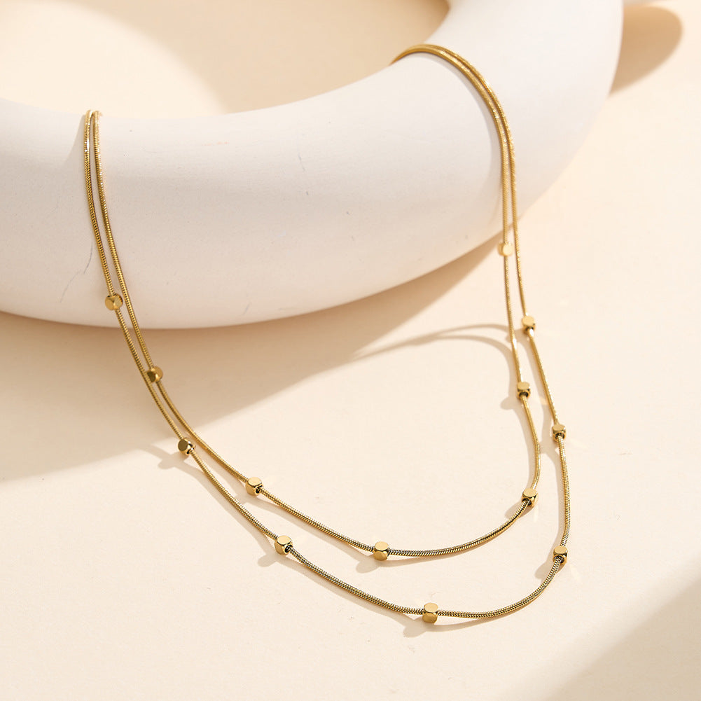 Gold Stainless Steel Double Layer Station Necklace, Thin Snake Chain with Small Square Flat Beads, 2-Tier Stackable Design
