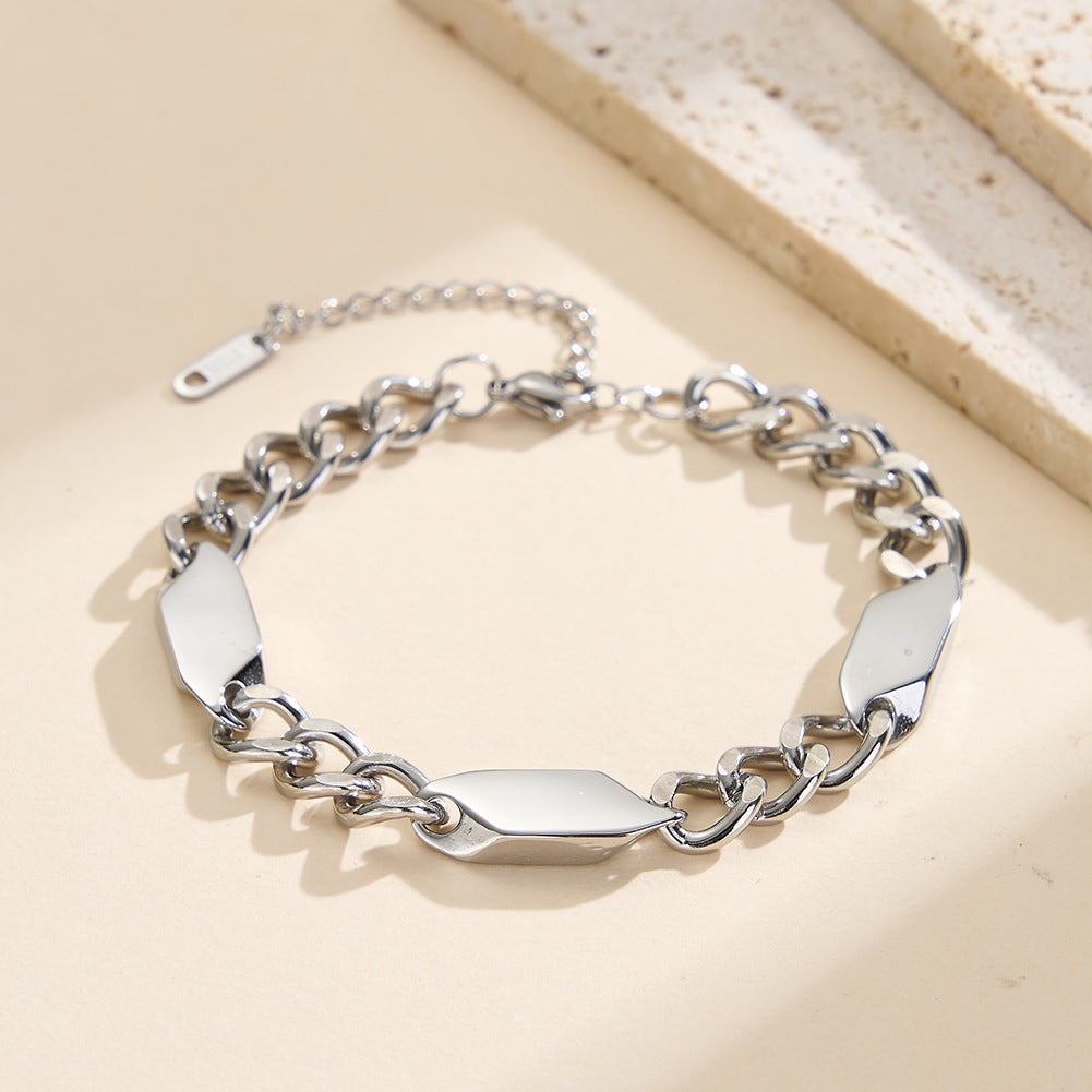 Silver Stainless Steel Chunky Curb Link Bracelet, Twisted Flat Rectangle Tags, Adjustable Extension Chain