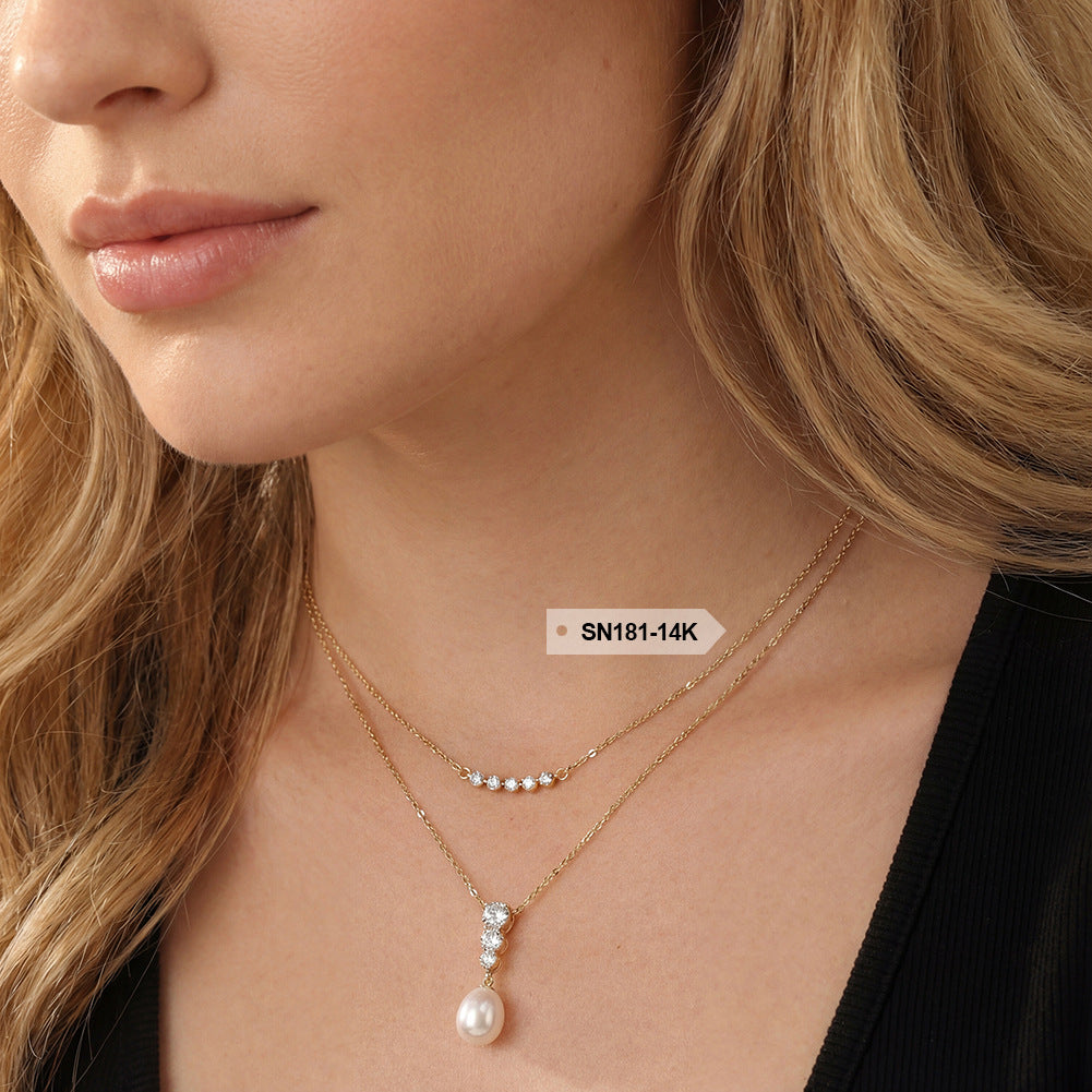Teardrop Lustrous Freshwater Pearl Drop Necklace, Oval White Pearl with Vertical Graduated Cubic Zirconia Setting S925 Silver Chain