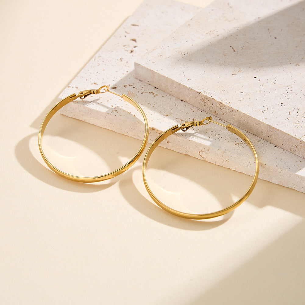 Silver Tone Stainless Steel Flat Wide Large Hoop Earrings