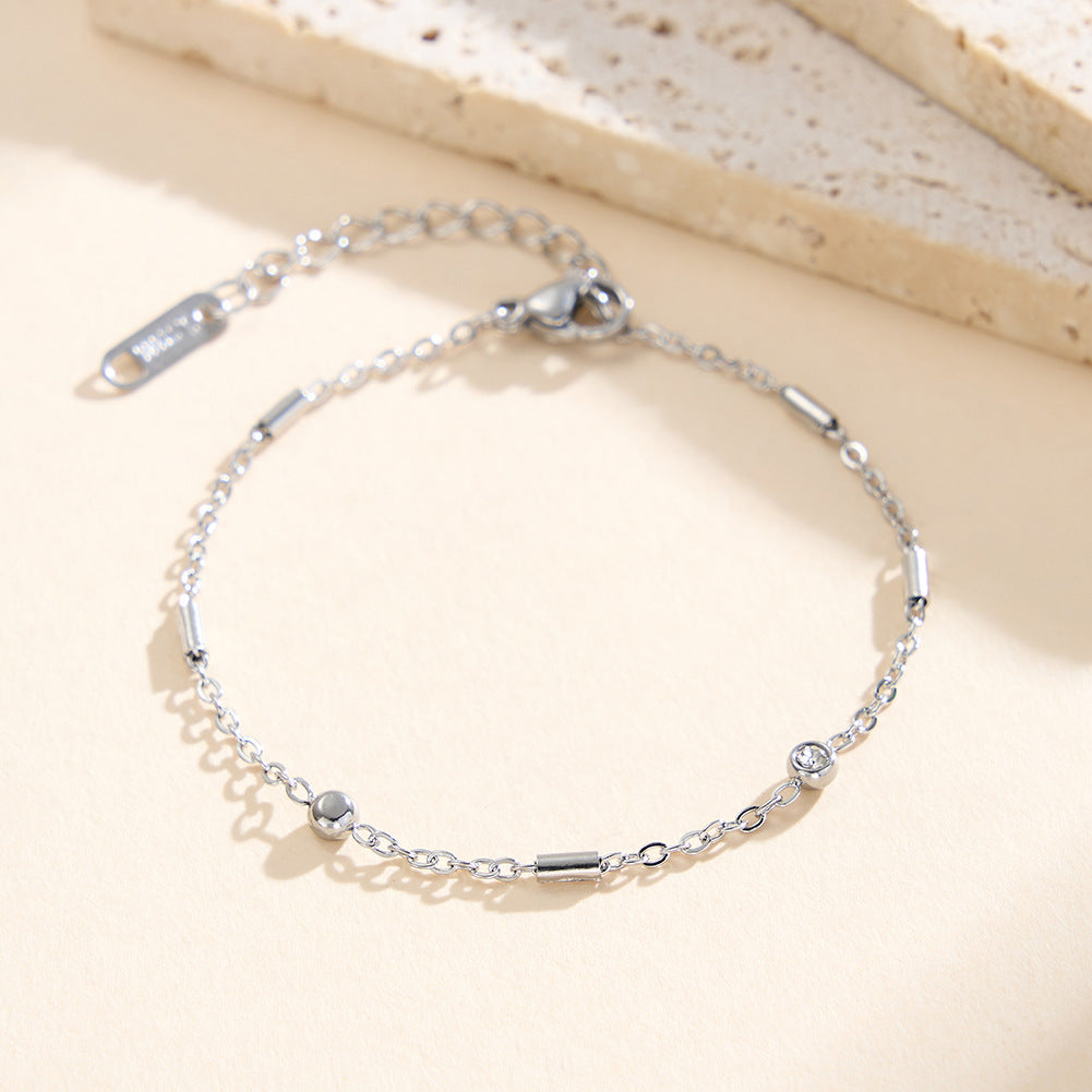 Gold Plated Stainless Steel Delicate Chain Bracelet, Tiny Tube Beads & 2 Round CZ Stones, Adjustable Extension Chain
