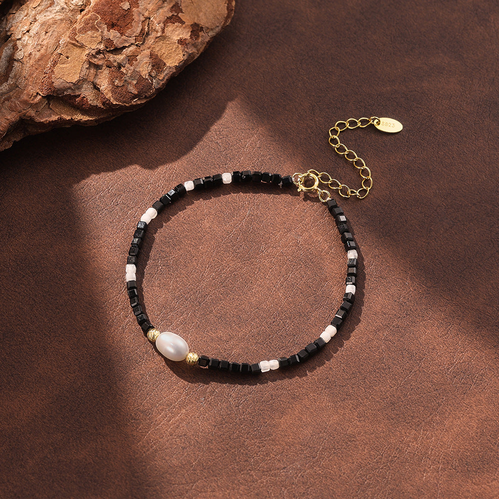 S925 Gold Plated Mini Bead Bracelet, Single Center Lustrous Baroque Freshwater Pearl, Black & Grey Tiny Cube Beads, Adjustable Extension Chain