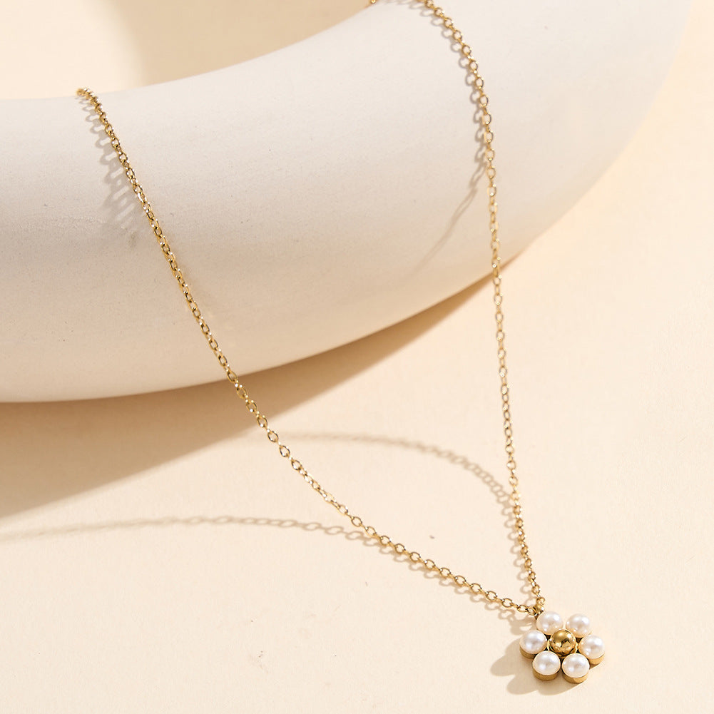 Gold Stainless Steel Pearl Daisy Pendant Necklace, Six White Pearl Flower Charm Cable Chain Necklace
