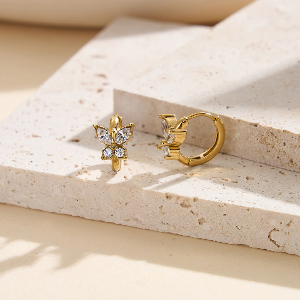 Gold Plated Stainless Steel Marquise & Round CZ Butterfly Huggie Hoop Earrings