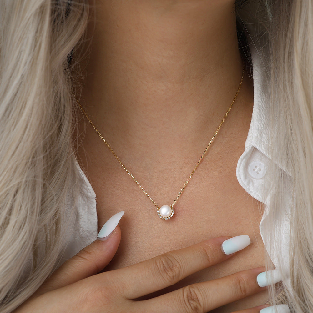 Single Large Round Lustrous Freshwater Pearl Pendant Necklace, Pale Pink Pearl with Halo Cubic Zirconia S925 Silver Cable Chain