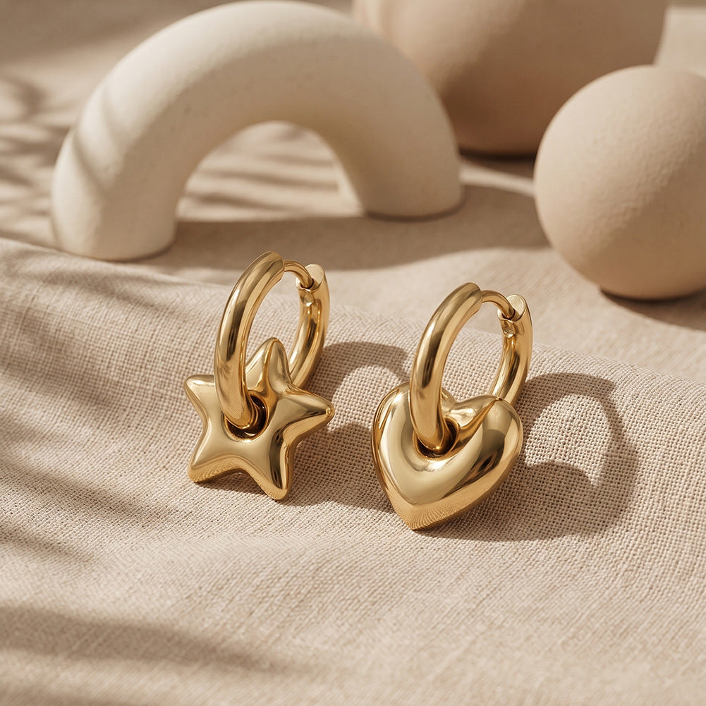 Gold Plated Stainless Steel Interchangeable Star & Heart Charm Huggie Hoop Earrings