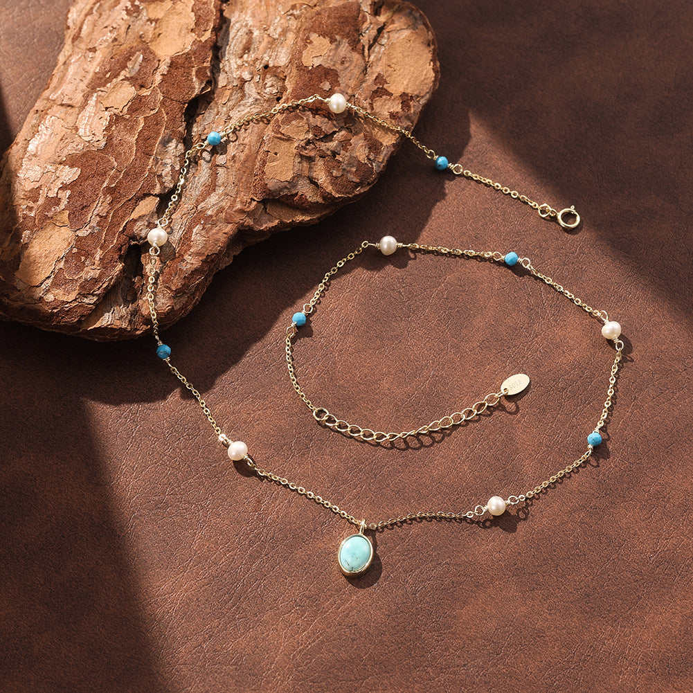 Gold Stainless Steel Turquoise & Freshwater Pearl Station Necklace, Oval Turquoise Bezel Pendant Adjustable Cable Chain