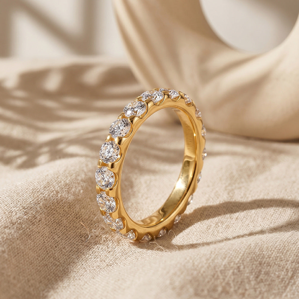 Gold Plated Stainless Steel Eternity Band Ring Fully Set with Round CZ Stones