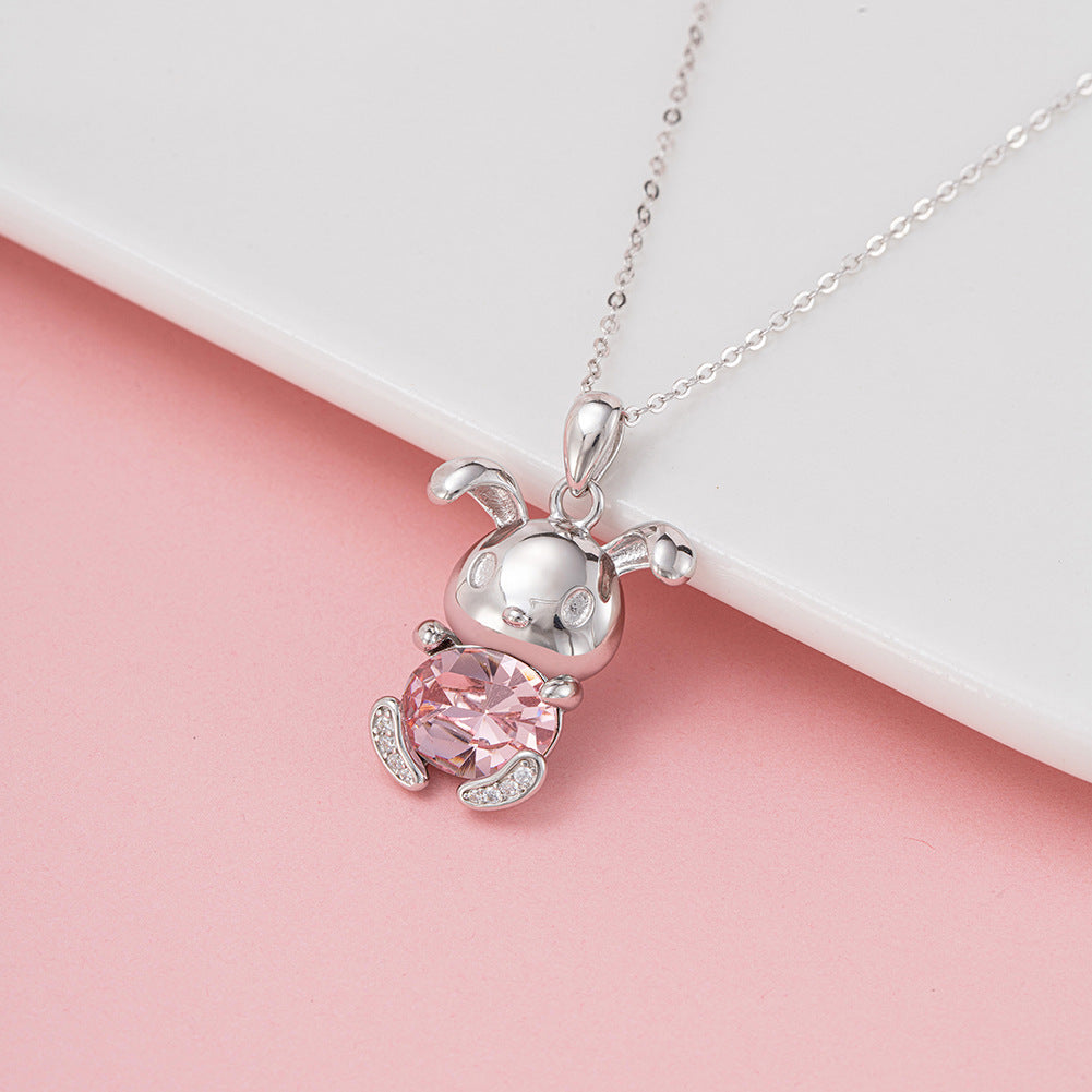Silver Stainless Steel Cute Rabbit Pendant Necklace, Oval Pink CZ Inlaid Cartoon Bunny Charm Cable Chain