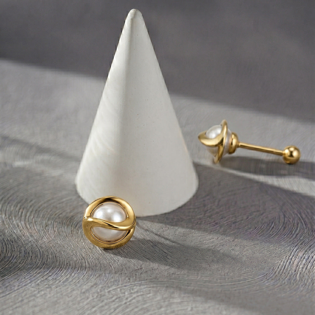 S925 Sterling Silver Twisted Wrap Round Freshwater Pearl Screw Back Stud Earrings, Minimalist Spiral Frame Pearl Ear Piercing Studs