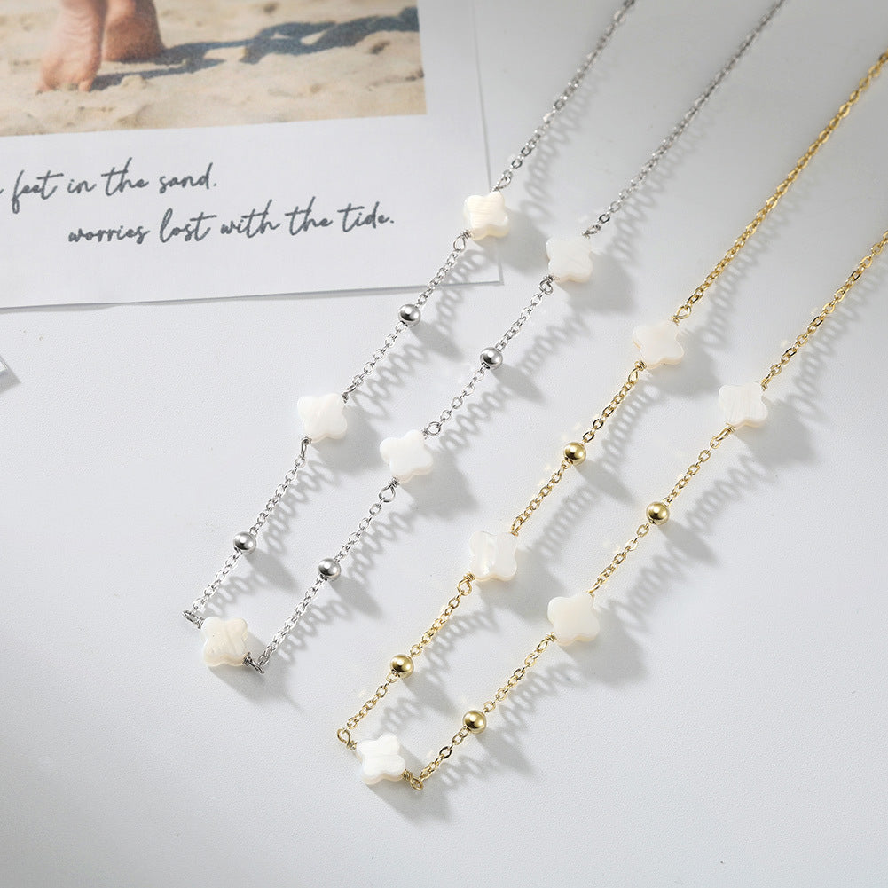 Silver White Mother of Pearl Clover Station Necklace, Solid White Shell Clover Pendants with Silver Ball Spacer Beads