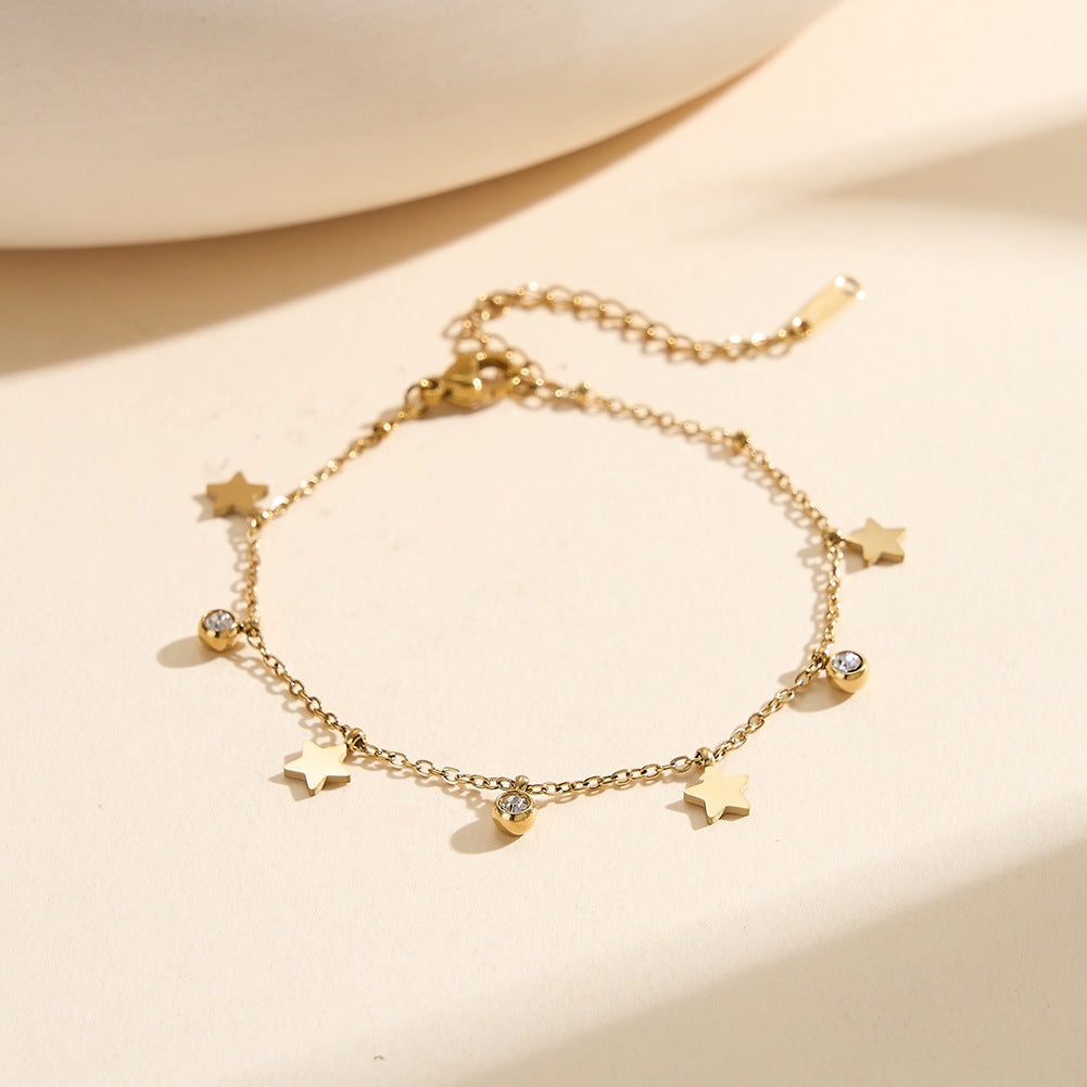 Gold Plated Stainless Steel Dainty Star Bracelet, 3 Star Charms & 3 Bezel Set Round CZ Stones, Adjustable Extension Chain