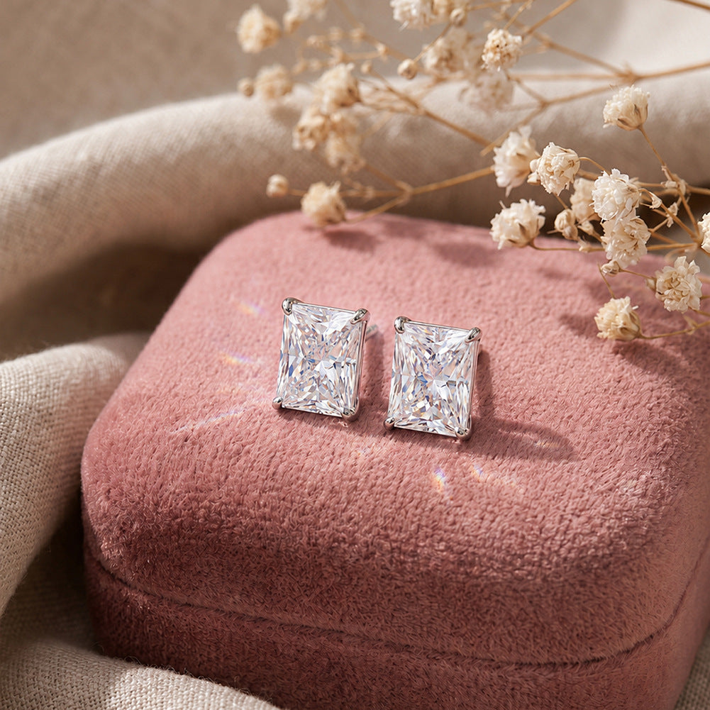 Gold Plated 316 Stainless Steel Stud Earrings, Emerald Cut Rectangular Clear Cubic Zirconia Four Prong Setting