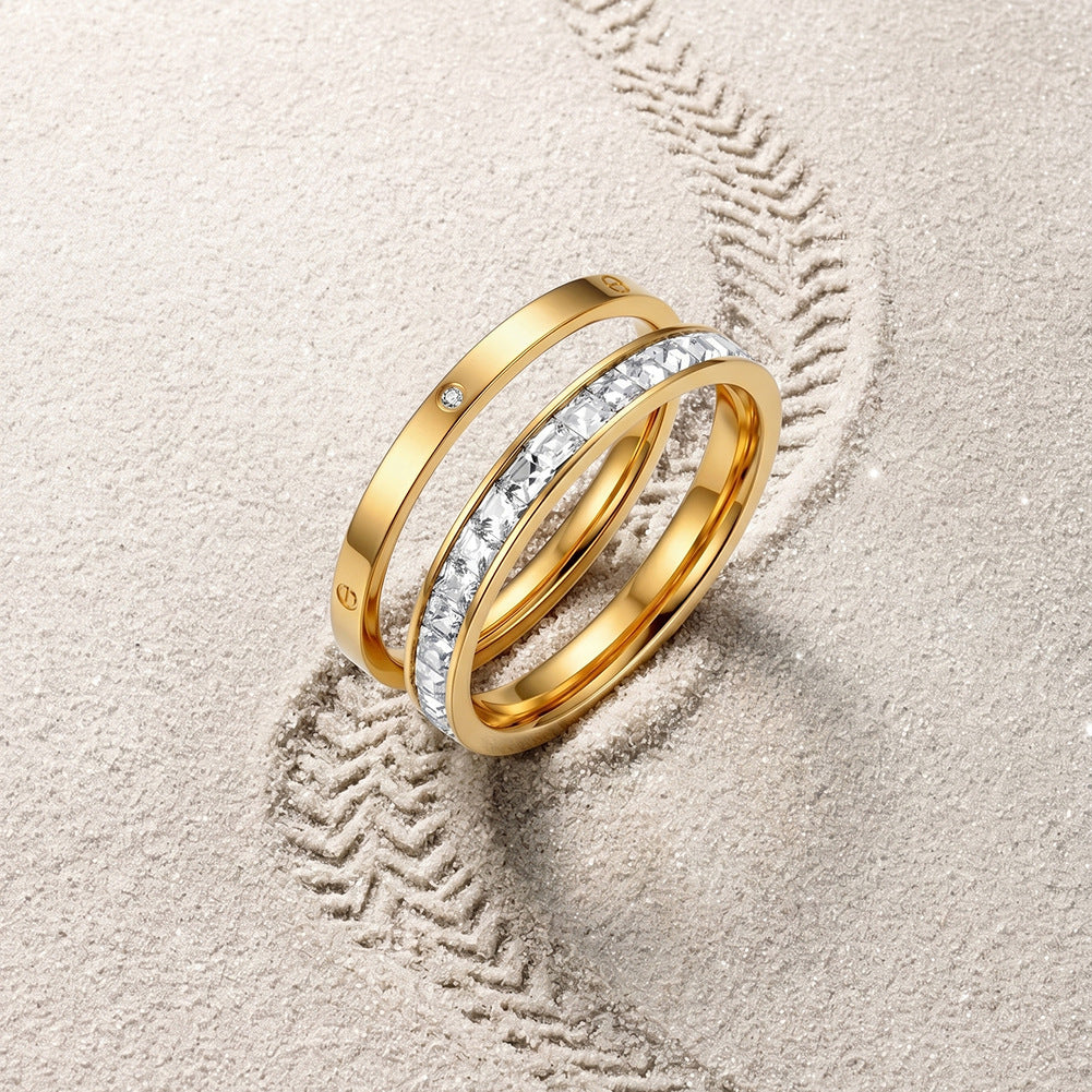 Gold Plated Stainless Steel Stackable Ring Set, Screw Detail Band and Baguette CZ Eternity Ring