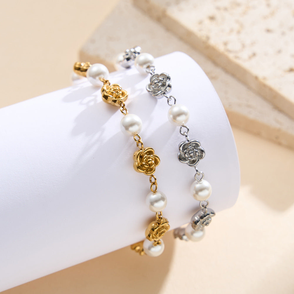 Silver Stainless Steel Rose & Imitation Pearl Bracelet, 3D Metal Rose Charms Alternating with Round Pearls, Adjustable