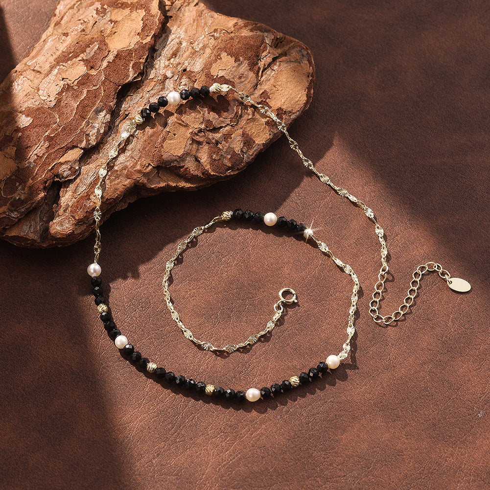 Gold Sunburst Chain Pearl Necklace, White Cultured Pearls & Black Faceted Onyx Beaded Necklace