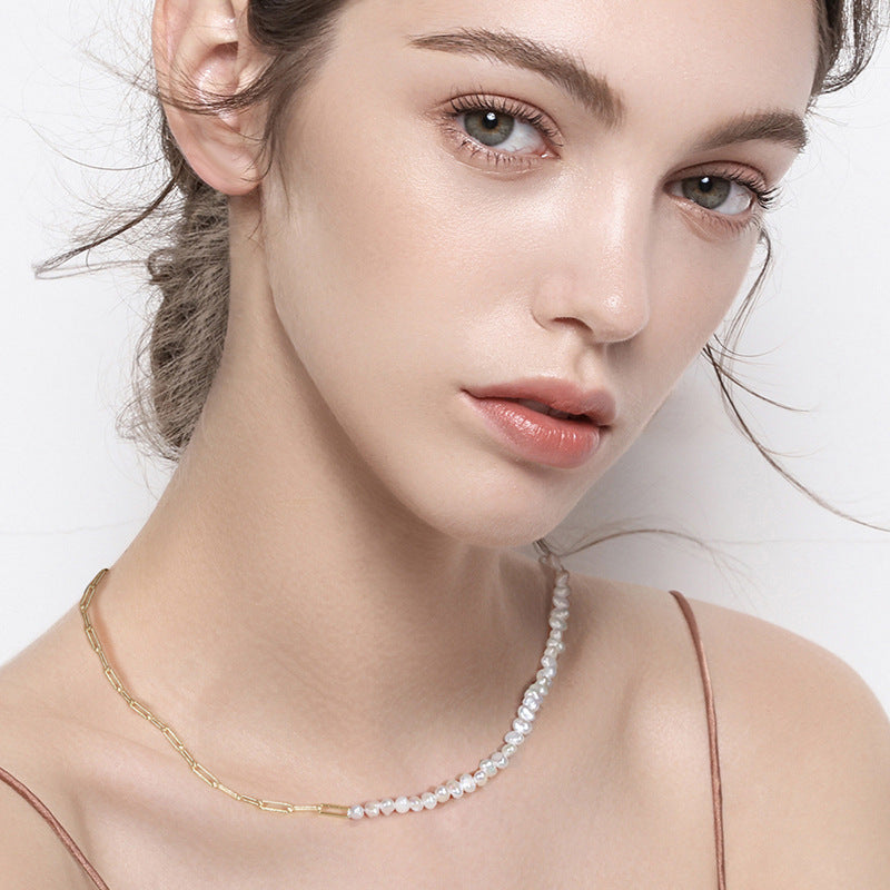 Half Paperclip Chain Baroque Pearl Choker Necklace, Stainless Steel Adjustable Collar Necklace