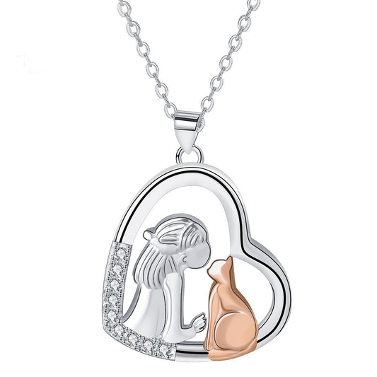 Copper With Silver/Rosegold Plated Girl and Dog Heart Pendant Necklace