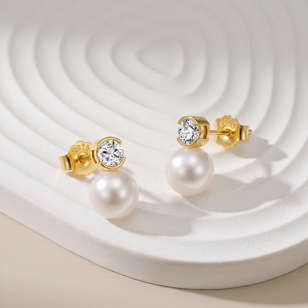 S925 Sterling Silver Half Bezel Round CZ & Large Lustrous Round Freshwater Pearl Stud Earrings for Women