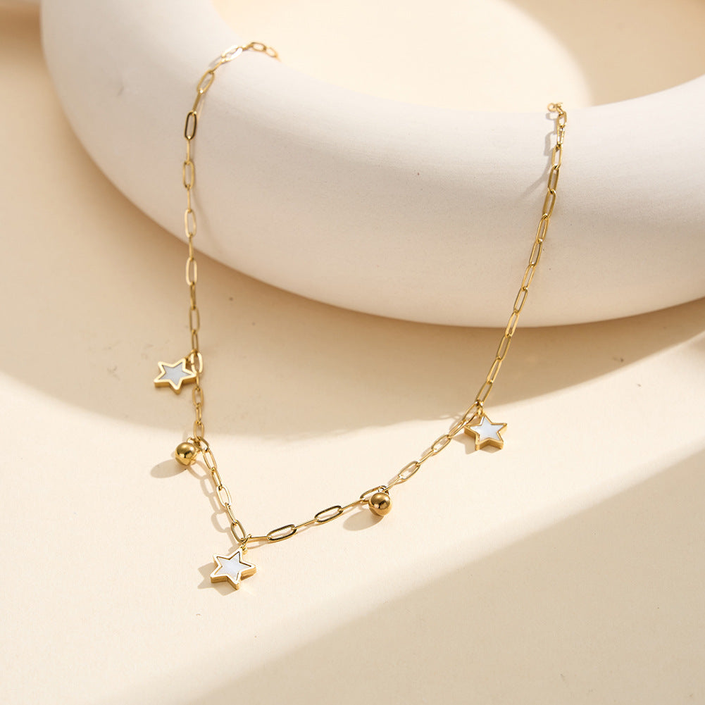 Gold Stainless Steel Paperclip Star Necklace, White Shell Inlay Star Pendants with Round Gold Ball Charms