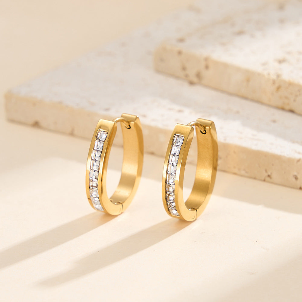 Gold Plated Stainless Steel Rectangular Cut CZ Huggie Hoop Earrings