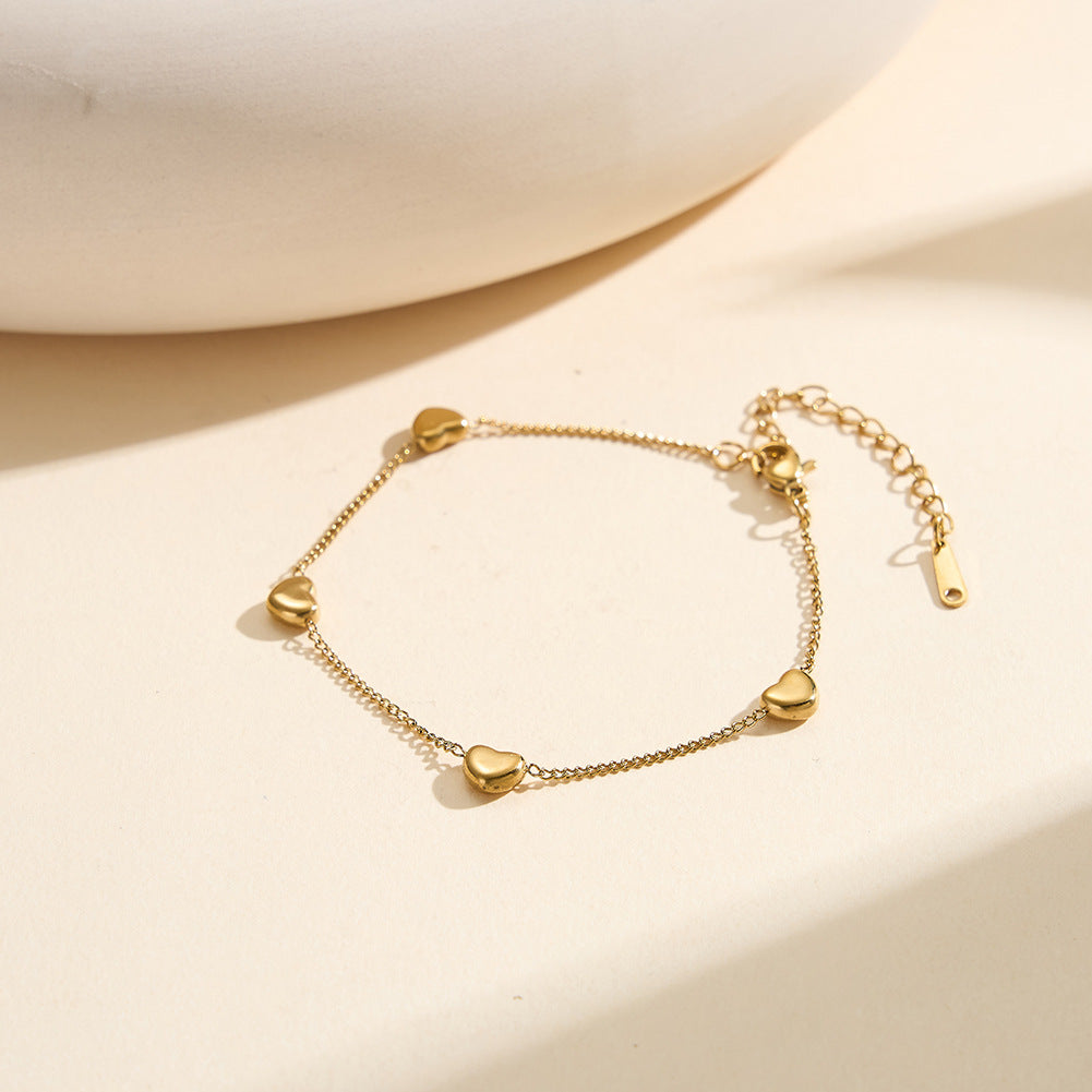 Gold Plated Stainless Steel Multi Puffy Heart Bracelet, 4 Smooth 3D Heart Charms on Thin Cable Chain