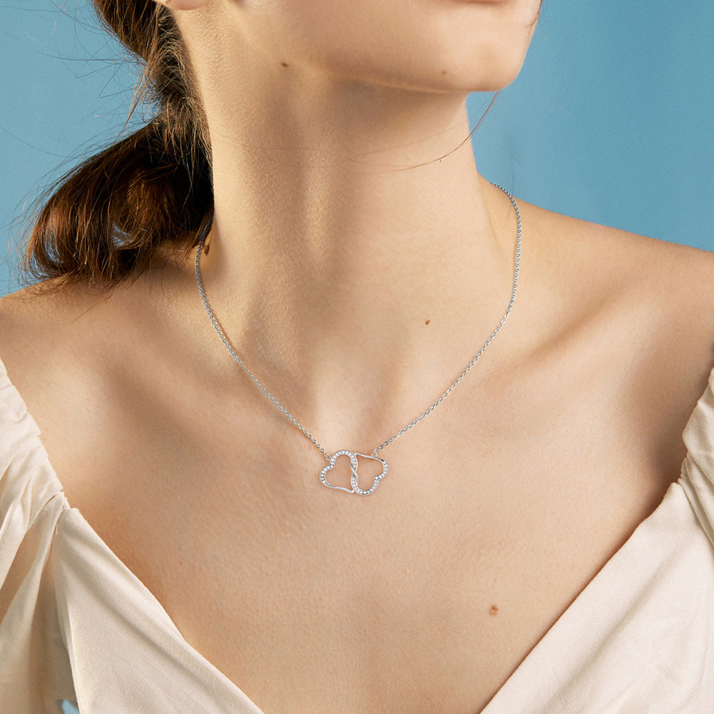 Silver Stainless Steel Interlocking Double Heart Necklace, Paved CZ Hollow Linked Heart Paperclip Chain Necklace