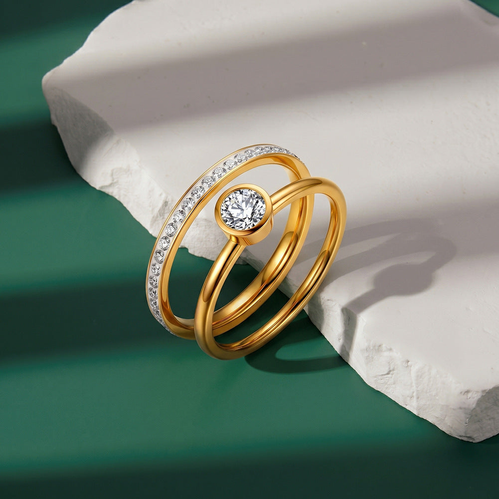 Gold Plated Stainless Steel Stacking Ring Set, Bezel Set Round CZ and Tiny CZ Eternity Band