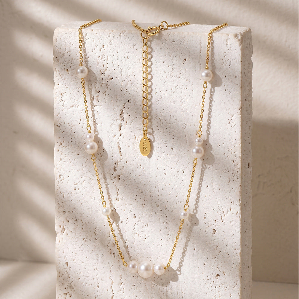 Dainty Graduated Lustrous Freshwater Pearl Station Necklace, Multi-size Glossy White Cultured Pearls S925 Silver Chain