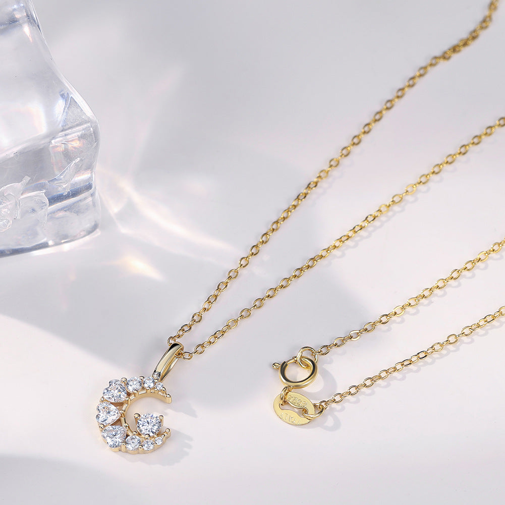 Gold Stainless Steel Crescent Moon Pendant Necklace, Mixed Size Paved Clear CZ Moon Charm Necklace