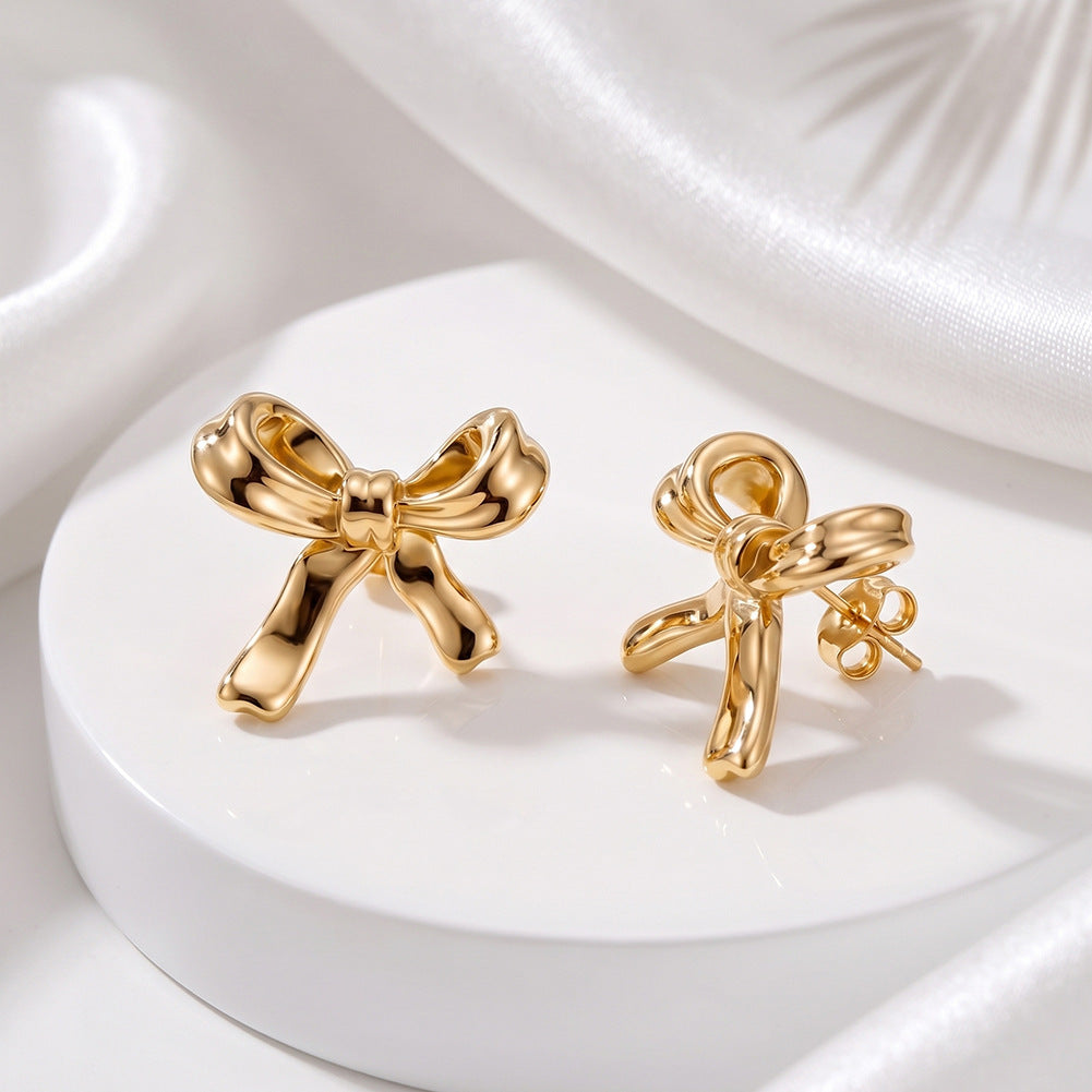 Gold Plated Stainless Steel Smooth Puffy Bow Stud Earrings