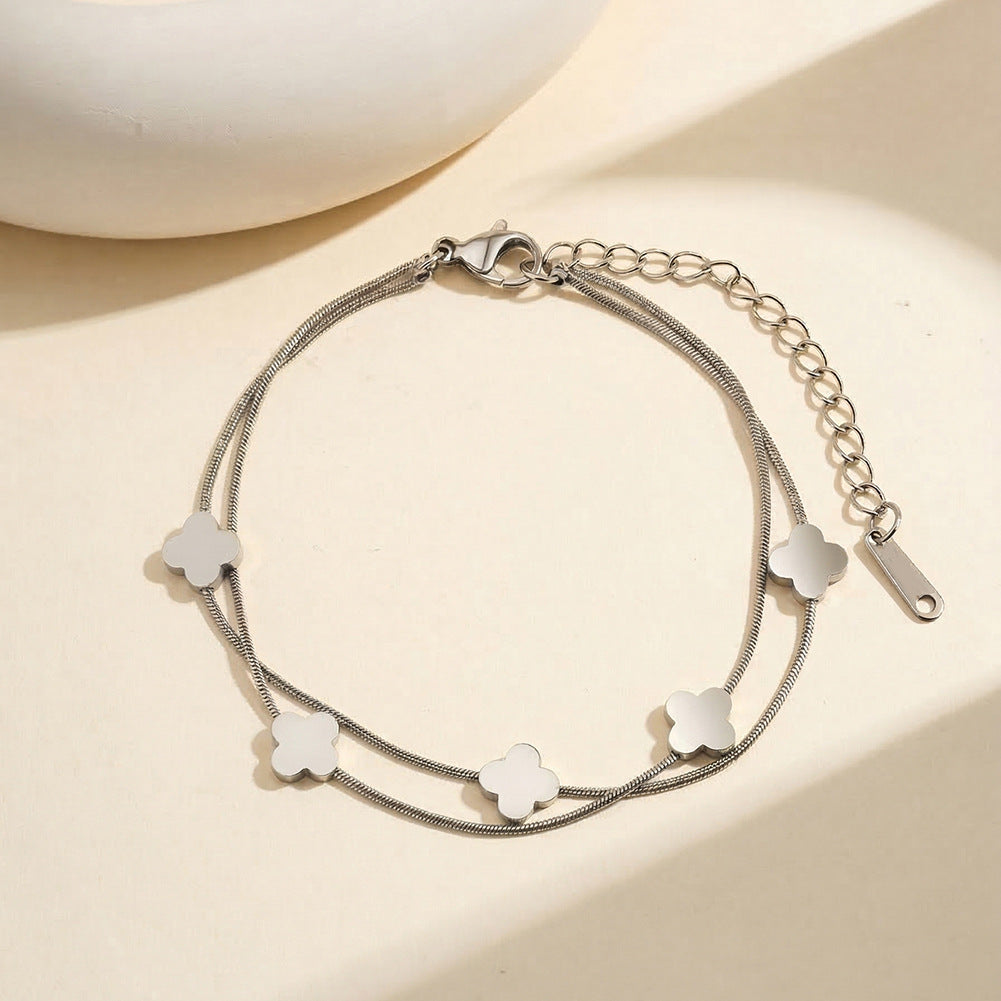 Gold Plated Stainless Steel Double Layer Snake Chain Clover Bracelet, 4 Solid Four Leaf Clover Charms